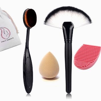 Start Makers Oval Makeup Brush Toothbrush Curve Foundation Brushes- Pro Large Fan Makeup Powder Brush - Face Contour Blusher Highlighter Bronzer Set - Cosmetics Brushes Cleaner Glove - Makeup Sponge
