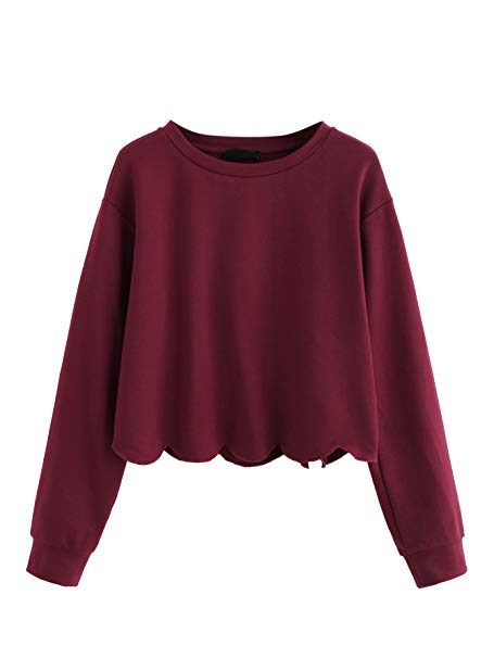 Romwe Women's Casual Long Sleeve Scalloped Hem Crop Tops Sweatshirt