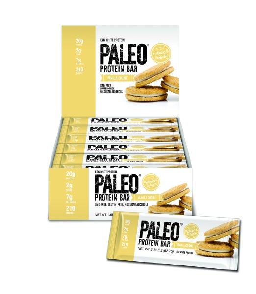 Paleo Protein Bar (Vanilla Cookie) 12 Bars (20g Egg White Protein 7 Net Carbs w/Probiotics)