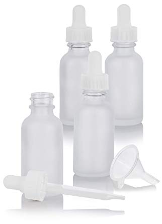 1 oz Frosted Clear Glass Boston Round White Dropper Bottle (4 Pack)   Funnel for Essential Oils, Aromatherapy, e-Liquid, Food Grade, bpa Free