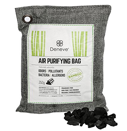 Deneve Bamboo Charcoal Air Purifying Bags (250g blk) Air Freshener Activated Bamboo Charcoal Removes Odors, Allergens and Harmful Pollutants, Fragrance Free Chemical Free And Non Toxic