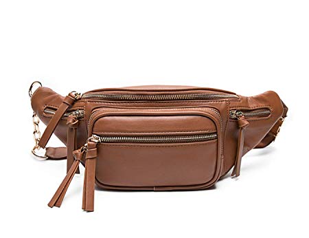 Leather Fanny Packs For Women By Miss Fong, Belt Bag For Women, Wasit Bag, Bum bag, Travel Fanny Pack With 9 Pockets (Brown)