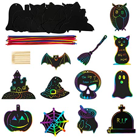 Biubee 48 Pieces Halloween Theme Scratch Paper- Rainbow Scratch Art Paper Card Pumpkin Bat Castle Hats Craft Kit with 24pcs Wooden Styluses and 48pcs Ribbons for Birthday Halloween Party Supplies