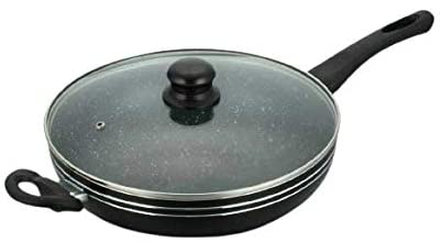 Non Stick Aluminium Black Wok Stir Fry Pan with Transparent Glass Lid Induction Cooking Range - Easy to Use, Ergonomic Handle for Secure Grip (32 cm)