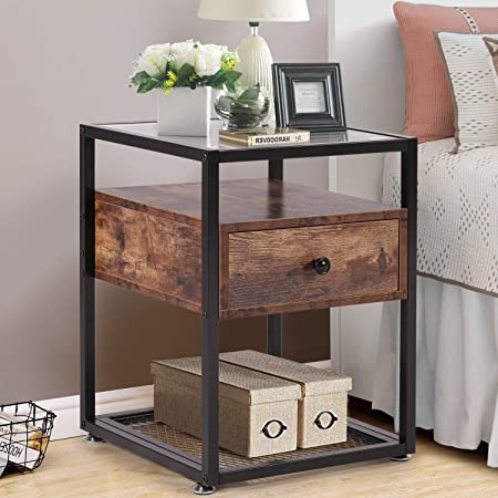 VECELO Nightstand Industrial Style End Side Table Cabinet with Drawer and Shelf Decoration in Living Room Bedroom Lounge, 15.7"X15.7"X21.7", Brown