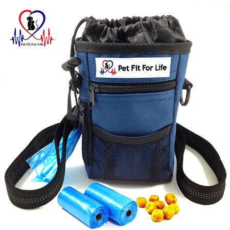 Pet Fit For Life Dog Treat Training Pouch Poop Bag Dispenser Ball Toy Holder w/Bonus 2 Rolls Waste Bags Adjustable Strap For Waist Or Over the Shoulder 2 Zippered Pockets And Drawstring Inner Pouch