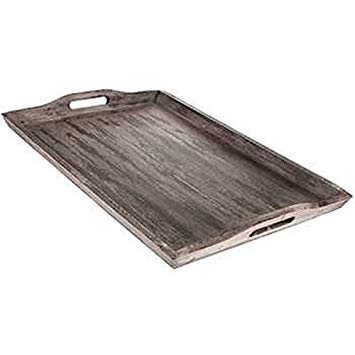 XXL LARGE WOODEN SERVING TRAY TAUPE OFF-WHITE WOOD OTTOMAN 24" x 16"