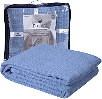 DOLLCENT 100% Soft Premium Combed Cotton Thermal Blanket– Queen Blanket– Soft Cozy Warm Cotton Blanket– Bed Throw Blanket– Queen Bed Blankets– All Season Cotton Blankets– Blue Queen Cotton Blankets