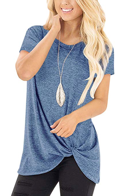 Fantastic Zone Women's Short Sleeve Casual Summer T Shirts Front Knot Twist Tunics Tops Blouses