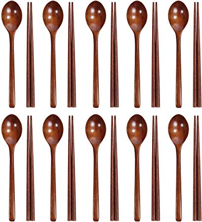 100% Natural Reusable Wooden 9" Spoon and Chopstick Set (10 Pack)