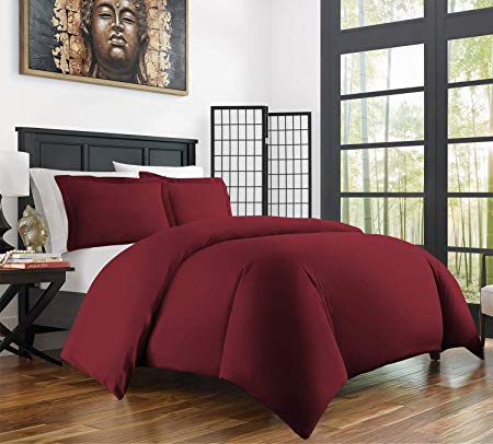 Zen Home Luxury Ultra Soft 3-Piece 1800 Rayon Derived from Bamboo Duvet Cover Set - Hypoallergenic and Wrinkle Resistant - Full/Queen - Burgundy