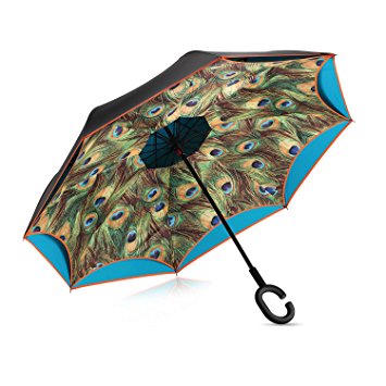 Ylovetoys Double Layer UV Proof and Windproof Inverted Umbrella for Car Outdoor (Peacock Feathers)