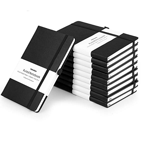 Huhuhero Notebook Journal, Classic Ruled Hard Cover, Premium Thick Paper with Fine Inner Pocket, Black Faux Leather for Journaling Writing Note Taking Diary and Planner, 5"×8.3" (10)