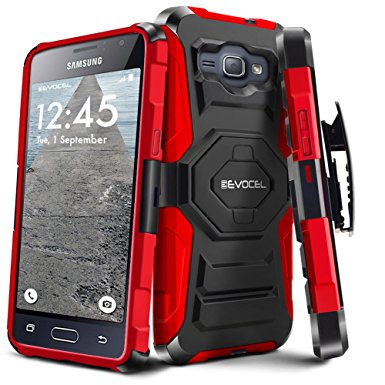Evocel® Galaxy J1 (2016) [New Generation] Dual Layer Rugged Holster Case [Kickstand][Belt Swivel Clip] For Samsung Galaxy AMP 2 / J1 (2016) (DOES NOT fit regular J1 [2015]), Red