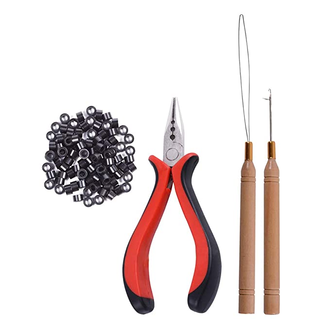 Hair Extension Tools Kit: Three-hole Hair Pliers, Micro Pulling Needle, Loop Threader and 200pcs Silicone Micro Rings （Black)