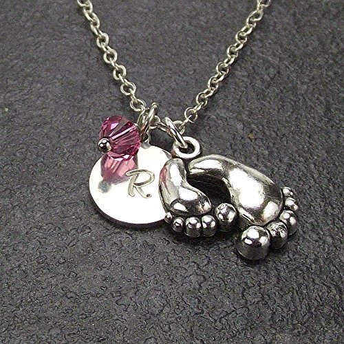 Customized Mom and Baby Feet Necklace with Swarovski Elements Birthstone Crystal Pearl and Personalized Initial Charm
