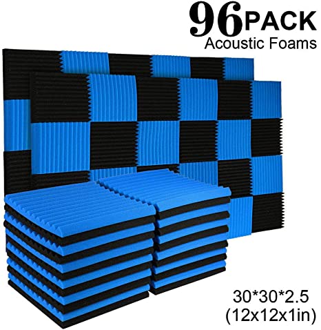 96 Pack Acoustic Panels Soundproof Studio Foam for Walls Sound Absorbing Panels Sound Insulation Panels Wedge for Home Studio Ceiling, 1" X 12" X 12", Black (96PACK, BLACK&BLUE)