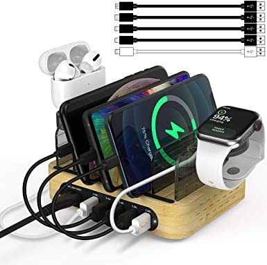 Bamboo Charging Station for Multiple Devices, 40W 5-Port Desktop USB Charger, Charging Stand Dock Compatible iPhone 11/Pro/Max, Galaxy S9/S8, iPad, Tablet and More (5 Charging Cables Included)