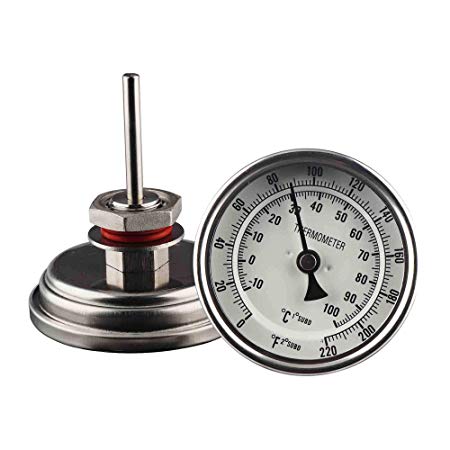 OneBom Brewing Dial Thermometer, 1/2 NPT Stainless Steel, Quick Read with Dual Scale 0-220ºF & -10-100ºC (3'' Face with 2'' Probe for Brew Pot)