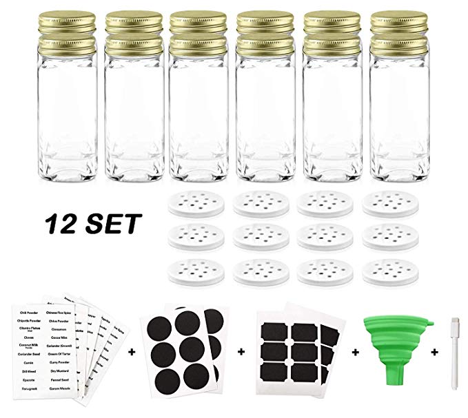 Nellam French Square Glass Spice Jars – Set of 12 with Shaker Lids and Chalkboard Sticker Labels, Small 4oz Bottles - Stackable Herbs and Spices Containers - Decorative Organizers in Gold