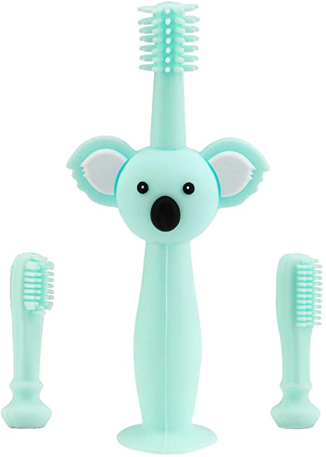 Vicloon Baby and Toddler Toothbrush, 3 PCS Food Grade Silicone Soft Infant Toddlers Toothbrush with Replacement Heads Cute Koala Design, Baby Oral Care Set for 0-3 Year Old