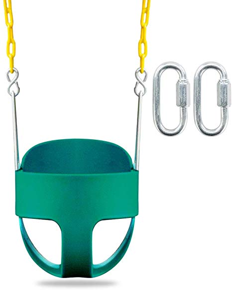 JOYMOR Toddler Swing Extra Long Chain with 2 Carabiners High Back Full Bucket Seat with Coated Swing Chains for Kids Outdoor Fully Assembled (Green)