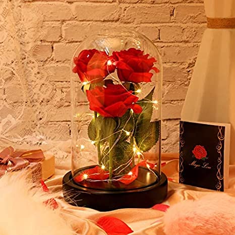 3 Pieces Valentine Red Rose Gift in Glass with LED Light Artificial Rose Eternal Silk Rose and Fallen Petals with Glass Dome Wooden Base Exquisite Package and Card for Lover, Mother, Anniversary