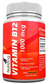 ★ NutriZing Vitamin B12 capsules ~ Methylcobalamin 1000mcg ~ 120 capsules (4 month supply) ~ Best source for Vitamin B deficiency ~ For Men & Women ~ Increase energy & boost metabolism ~ Works great for proper functioning of red blood cells and nervous system ~ Improve skin and nails ~ 100% Vegetarian food supplement ~ Methyl-b12