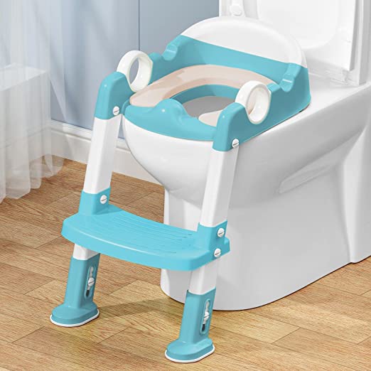 Potty Training Toilet Seat with Step Stool Ladder for Boys and Girls,Toddler Kid Children Toilet Training Seat Chair with Handles,Height Adjustable,Non-Slip Wide Step(Blue,Upgraded Leather Cushion)