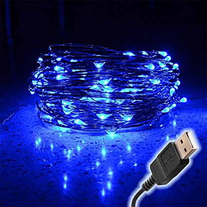 BrightTouch 100 Fairy String LED Lights Indoor/Outdoor, Waterproof, Flexible Copper Wire with USB 33'/10 m, Blue