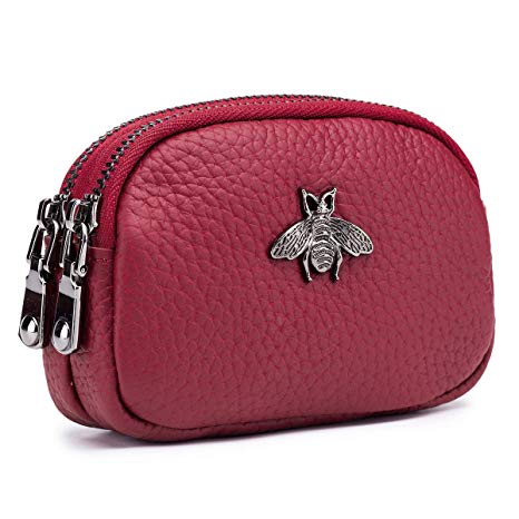 imeetu Coin Pouch Leather Change Purse, 2-Zippered Small Wallet(Red)