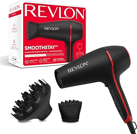 Revlon Smoothstay Coconut Oil-Infused Hair Dryer (2000 watts, 2 Accessories for Styling Versatility: Diffuser & Concentrator Comb, Ceramic Tourmaline Ionic Technology) RVDR5317