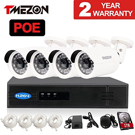 TMEZON 8ch 720P 1080P Onvif NVR HD 4x 720P Outdoor Day Night Vision IP Surveillance Camera Kit PoE 1.0MP CCTV HDMI Security Camera System P2P Smartphone Scan QR Code Quick View 1TB HDD