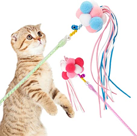Cat Toys Interactive Cat Wands Teaser 2 PCS Kitten Toys Cat Stick with Balls, Bells and Tassel for Cat Kitten Having Fun Exercise Playing