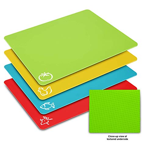 Flexible Cutting Board Mats Set, HISRAY Premium Plastic Chopping Board Easy to Clean, 4 Colored Reversible & Eco Friendly Mats with Food Icons Extra Large Size 15'' x 12'' for Kitchen Bar,BBQ,Boat,RV