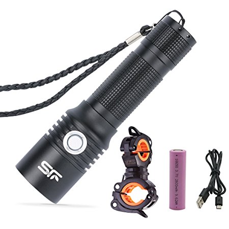 JS 800 Lumens Professinal USB Rechargeable LED Bicycle Flashlight, 18650 Battery and Bicycle Clip Included, Memory Function and 5 Light Modes for Cycling, Camping, Hiking and Pocket-Sized Torch