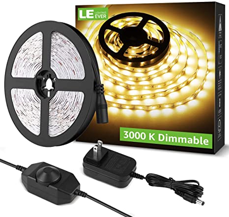 LE 16.4ft Dimmable LED Strip Light Kit with 12V Power Supply, 300 LEDs SMD 2835, Non-Waterproof Tape, Flexible Rope Light for Home, Kitchen, Under Cabinet, Bedroom and More, Warm White