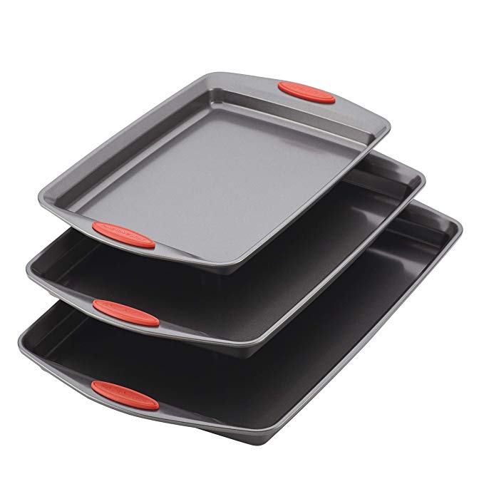 Rachael Ray 47423 3-Piece Cookie Pan Steel Baking Sheet Set, Gray with Red Grips
