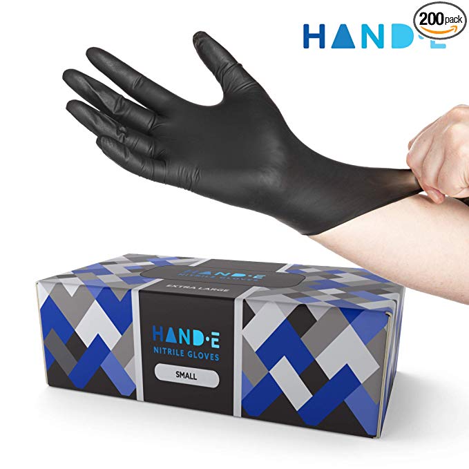 Hand-E Disposable Black Nitrile Gloves Small - 200 Count - Heavy Duty 5 Grams Thick Industrial Grade - Powder Free, Latex Free, Textured Grip, Extra Length Cuff - BBQ, Hot Food Prep, Cleaning