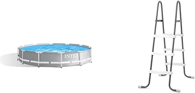 INTEX 26711EH 12 Foot x 30 Inch Prism Premium Frame Above Ground Pool | Cartridge Filter Pump Included & 42" Pool Ladder