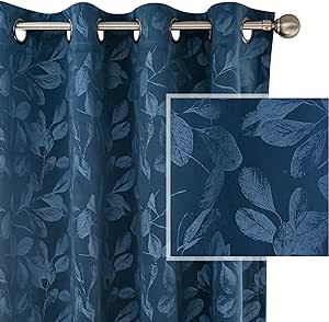 MYSKY HOME Velvet Living Room Curtains 96 inches Long 2 Panels Set Navy Blue Curtains Room Darkening Thermal Insulated Leaf Pattern Window Treatments for Dining Room Bedroom Home Decor, W50 ''