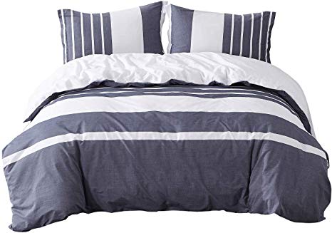 PHF Cotton Yarn Dyed Duvet Cover Set Striped Breathable Soft Bedding for Winter Fall King Size Navy White