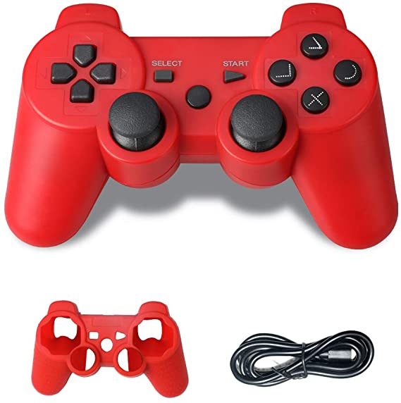 PS3 Controller Wireless, PS3 Joystick, PS3 Remote, Wireless PS3 Controller Double Shock Gamepad Compatible for Playstation 3, Coming with Skin Cover,Thumb Grips and Mini USB Cable (Red)