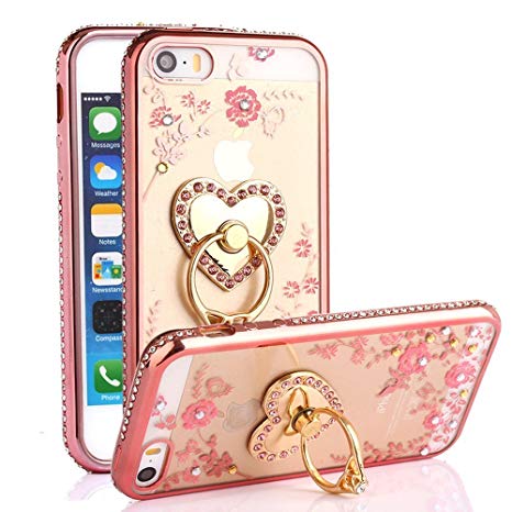 iPhone SE Case, iPhone 5S Case, Casesup Glitter Crystal Heart Floral Series - Slim Luxury Bling Rhinestone Clear TPU Case With Ring Stand For iPhone SE/5S/5, Rose Gold