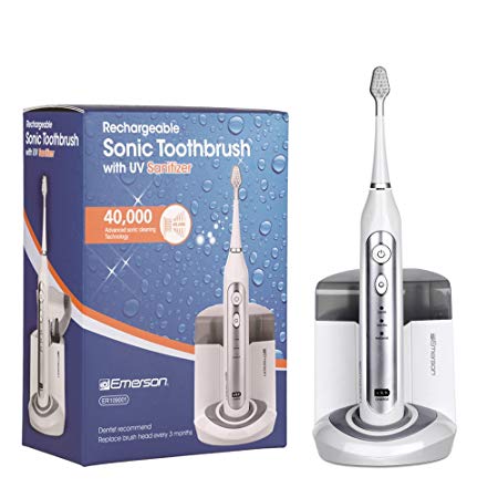 Emerson Rechargeable Sonic Power Toothbrush with UV Sanitizer, Timer and Replacement Heads, ER109001