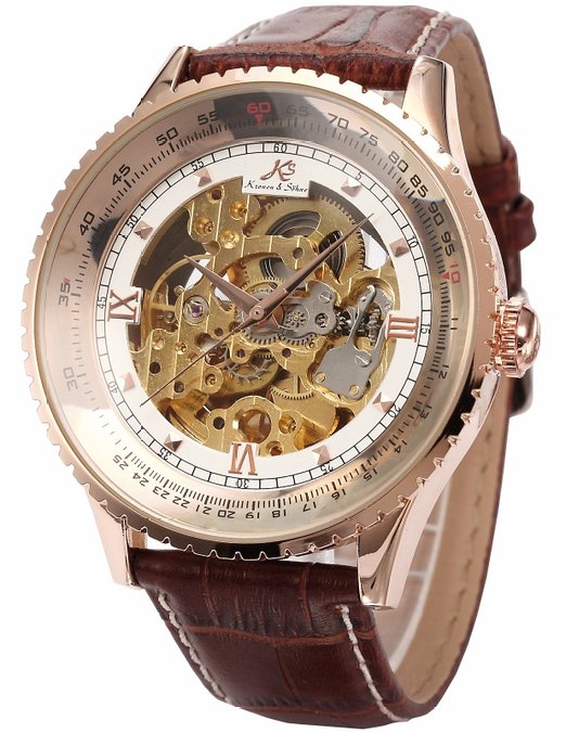 KS Royal Carving Skeleton Men's Rose Gold Case Auto Mechanical Brown Leather Watch KS113