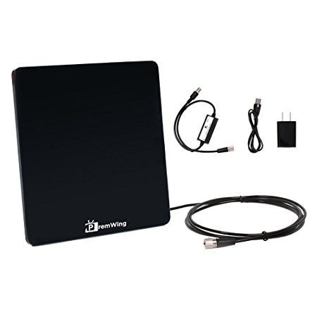 PremWing 60 Mile Range Amplified Indoor HDTV Antenna for VHF/UHF/FM, with Detachable Amplifier Signal Booster, USB Power Supply and High Performance Coax Cable, Fancy Thin Flat Panel Design
