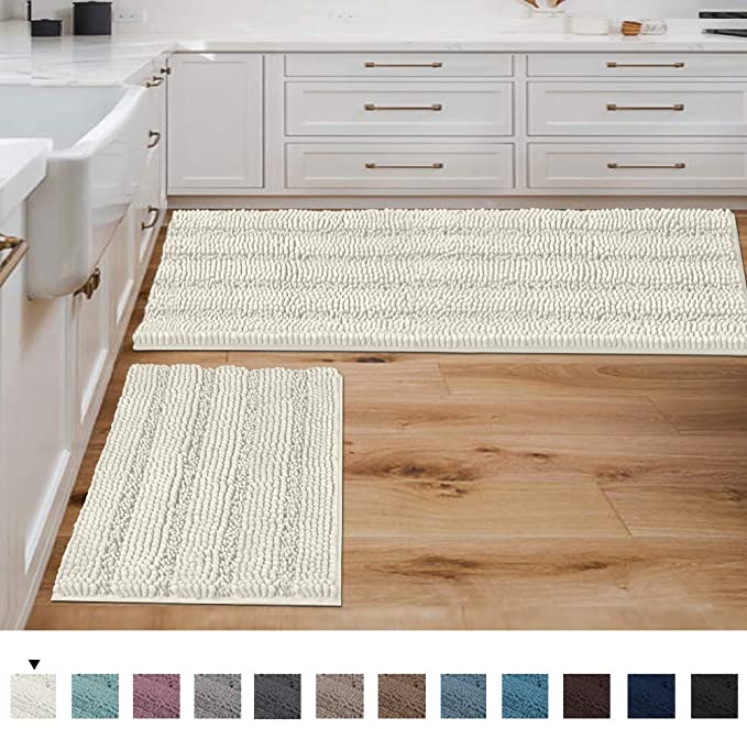 Bathroom Rugs Bath Mats Sets Super Absorbent Chenille Striped Bath Mats Non Skid Machine Wash Dry Rugs for Bathroom Floor Set of 2(Ivory, 47 x 17 Plus 17 x 24 - Inches)