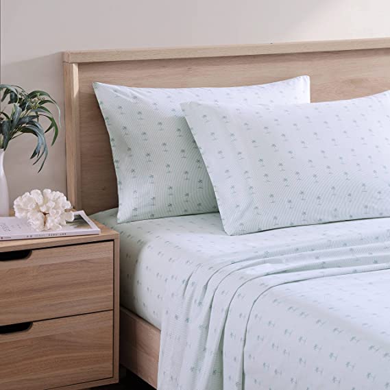 Tommy Bahama Percale Collection Sheet Set - 100% Cotton, Crisp & Cool, Lightweight & Moisture-Wicking Bedding, Kew Palms Blue, Queen