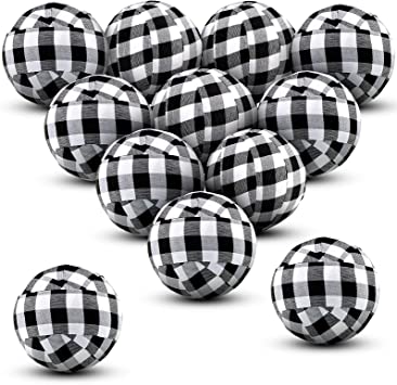 Tatuo 12 Pieces Christmas Buffalo Check Fabric Wrapped Balls Xmas Holiday Gingham Bowl Fillers for Farmhouse Home Decoration, 2 Inch (Black and White)